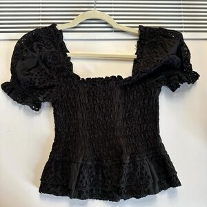 Astr Black Puff Sleeve Smocked Peplum Blouse